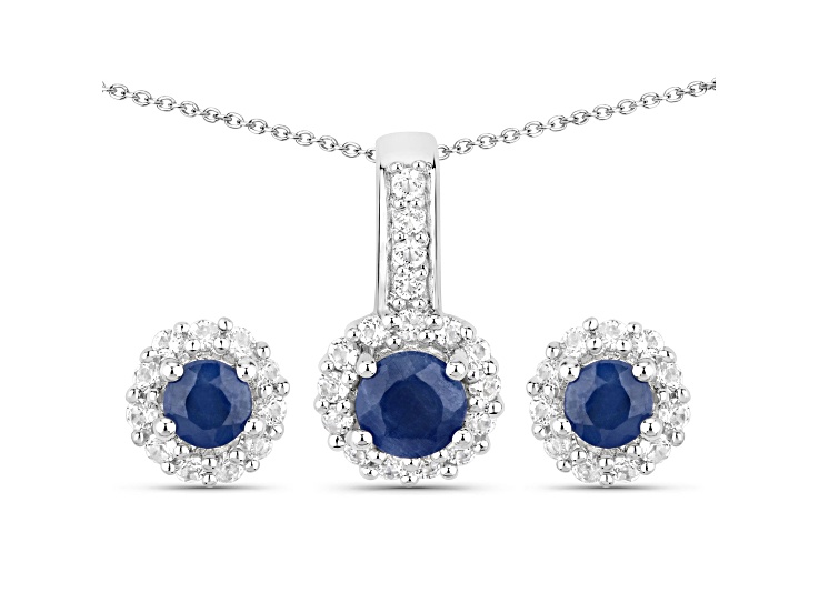 Blue Sapphire and White Topaz Rhodium Over Sterling Silver Stud Earrings and Necklace Jewelry Set