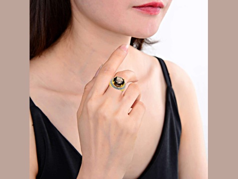 Smoky Quartz with Cubic Zirconia Accents 18K Yellow Gold Over Sterling Silver Halo Ring, 5.99ctw
