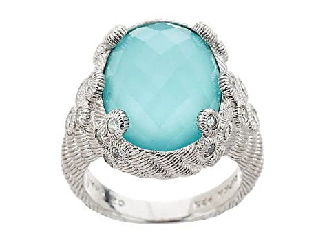 Judith Ripka Turquoise Simulant And Cubic Zirconia Rhodium Over Sterling Silver Ring 1.21ctw