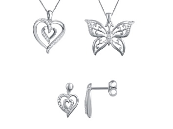 Picture of White Diamond Accent Rhodium Over Brass 3 Piece Heart And Butterfly Pendant And Earring Set