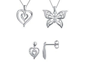 White Diamond Accent Rhodium Over Brass 3 Piece Heart And Butterfly Pendant And Earring Set