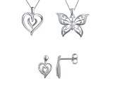 White Diamond Accent Rhodium Over Brass 3 Piece Heart And Butterfly Pendant And Earring Set