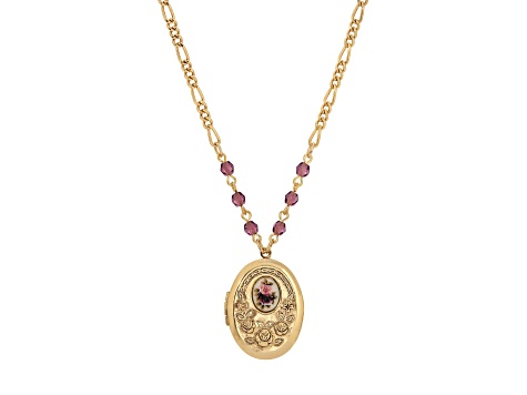 1928 Jewelry Gold Tone Pink/Purple Flower Beaded Locket Necklace