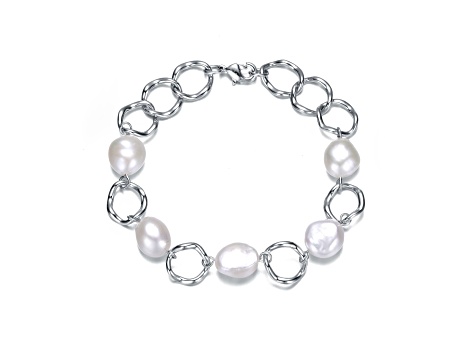 Genuine Freshwater Pearl and CZ, Rhodium Plated over Sterling Silver Chain Bracelet