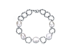 Genuine Freshwater Pearl and CZ, Rhodium Plated over Sterling Silver Chain Bracelet