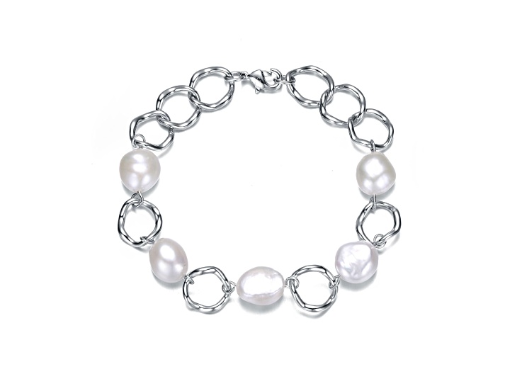 Genuine Freshwater Pearl and CZ, Rhodium Plated over Sterling Silver Chain Bracelet