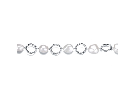 Genuine Freshwater Pearl and CZ, Rhodium Plated over Sterling Silver Chain Bracelet