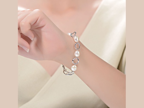 Genuine Freshwater Pearl and CZ, Rhodium Plated over Sterling Silver Chain Bracelet