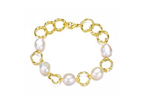 Genuine Freshwater Pearl and CZ, 14K Gold Plated over Sterling Silver Chain Bracelet