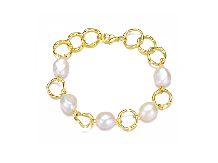 Genuine Freshwater Pearl and CZ, 14K Gold Plated over Sterling Silver Chain Bracelet