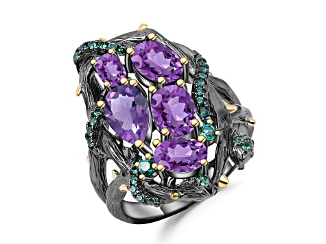 Amethyst and Green Nanocrystal Black Rhodium Over Sterling Silver Ring