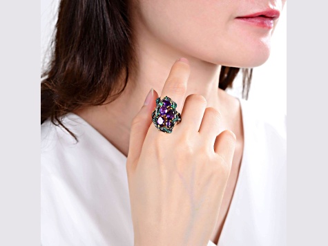 Amethyst and Green Nanocrystal Black Rhodium Over Sterling Silver Ring