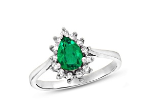 0.74ctw Emerald and Diamond Halo Ring in 14k White gold