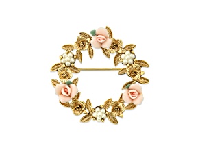 1928 Jewelry Gold Tone Pink Porcelain Rose Wreath Brooch