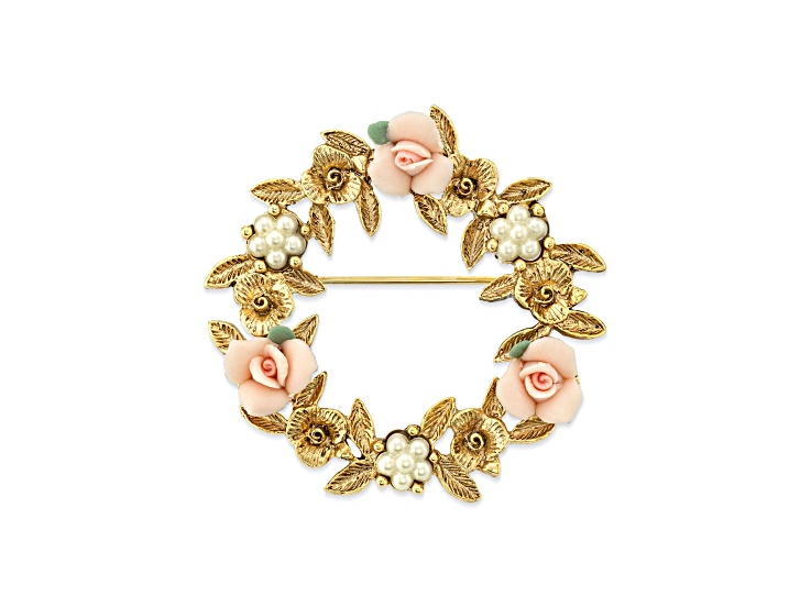 1928 Jewelry Gold Tone Pink Porcelain Rose Wreath Brooch