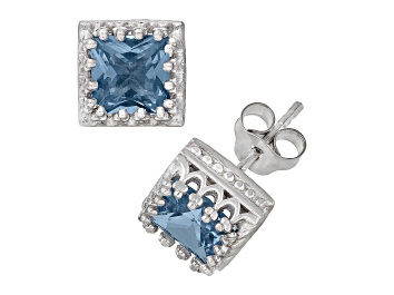 Picture of Princess Cut Aquamarine Simulant Sterling Silver Stud Earrings 2.40ctw