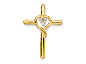14k Yellow Gold Polished Cross with Heart Diamond Chain Slide Pendant