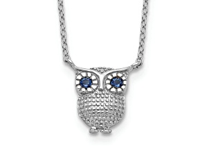 Rhodium Over Sterling Silver Blue Glass Stone Owl 2 Inch Extension Necklace