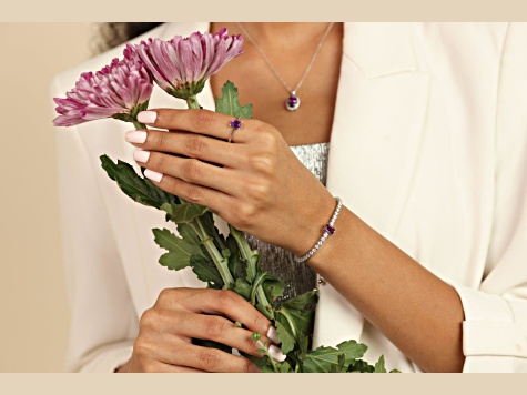 Purple Amethyst with Moissanite Accents Rhodium Over Sterling Silver Bracelet