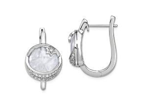 Rhodium Over 14k White Gold Moon and Star Hinged Hoop Earrings with Moonstone and Diamonds