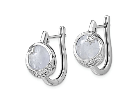 Rhodium Over 14k White Gold Moon and Star Hinged Hoop Earrings with Moonstone and Diamonds