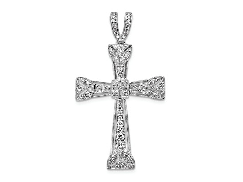 Rhodium Over 14K White Gold Diamond Filigree Cross Pendant