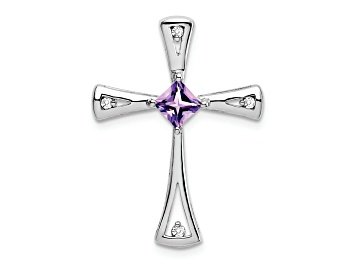 Picture of Rhodium Over 14k White Gold Amethyst and Diamond Cross Chain Slide Pendant