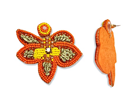 Orange Seed Beads With Clear Crystal Butterfly Earring