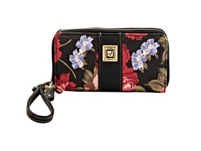 Stone Mountain Rose Bloom Leather Large Double Zip Around Wallet with Wristlet Strap Black Floral