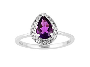 Picture of Pear Shape Amethyst with Moissanite Accents Rhodium Over Sterling Silver Halo Ring