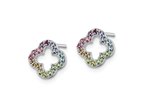 Rhodium Over Sterling Silver Rainbow Crystal Clover Post Earrings