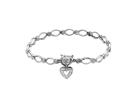 White Diamond Accent Rhodium Over Sterling Silver Heart Charm Bracelet