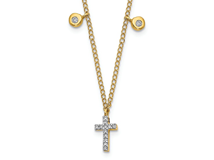 10k Yellow Gold and Rhodium Over 10k Yellow Gold Cable Link Diamond Cross 18 inch Necklace