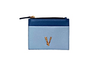 Versace Virtus Cardholder Case Wallet V Logo Light Blue Navy Leather