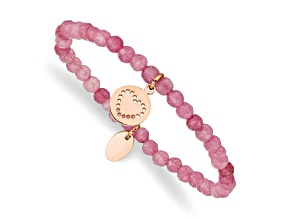 Rose Stainless Steel Polished Heart Pink Jade Stretch Bracelet