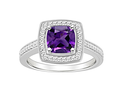 7mm Cushion Amethyst 1/4 ctw Diamond Rhodium Over Sterling Silver Halo Ring