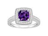 7mm Cushion Amethyst 1/4 ctw Diamond Rhodium Over Sterling Silver Halo Ring