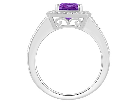 7mm Cushion Amethyst 1/4 ctw Diamond Rhodium Over Sterling Silver Halo Ring