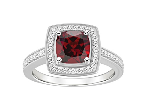 7mm Cushion Garnet 1/4 ctw Diamond Rhodium Over Sterling Silver Halo Ring