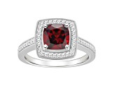 7mm Cushion Garnet 1/4 ctw Diamond Rhodium Over Sterling Silver Halo Ring