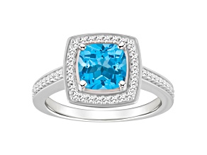 7mm Cushion Blue Topaz 1/4 ctw Diamond Rhodium Over Sterling Silver Halo Ring