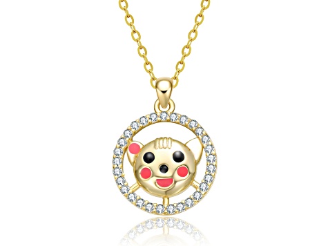Cubic Zirconia & Multi-Color Enamel, 14K Gold Plated over Brass Bear Round Pendant Necklace For Kids