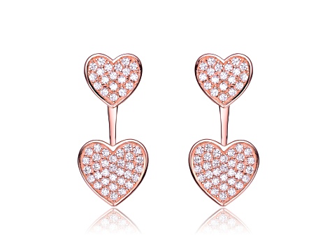 18k Rose Gold Plated over Sterling Silver with Clear Cubic Zirconia Double Heart Jacket Earrings