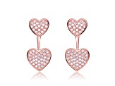 18k Rose Gold Plated over Sterling Silver with Clear Cubic Zirconia Double Heart Jacket Earrings