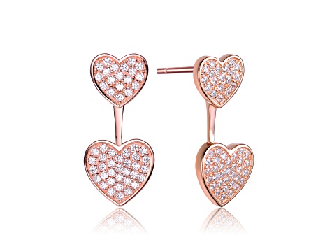 18k Rose Gold Plated over Sterling Silver with Clear Cubic Zirconia Double Heart Jacket Earrings