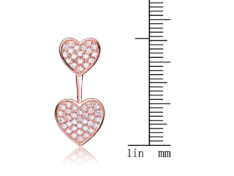 18k Rose Gold Plated over Sterling Silver with Clear Cubic Zirconia Double Heart Jacket Earrings