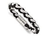 Black Leather and Stainless Steel Polished 8-inch Bracelet