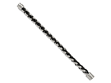 Black Leather and Stainless Steel Polished 8-inch Bracelet