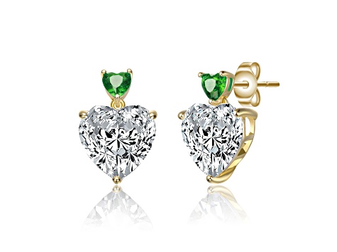 14k Gold Plated over Sterling Silver with Green Color Cubic Zirconia Two-Stone Heart Dangle Earrings