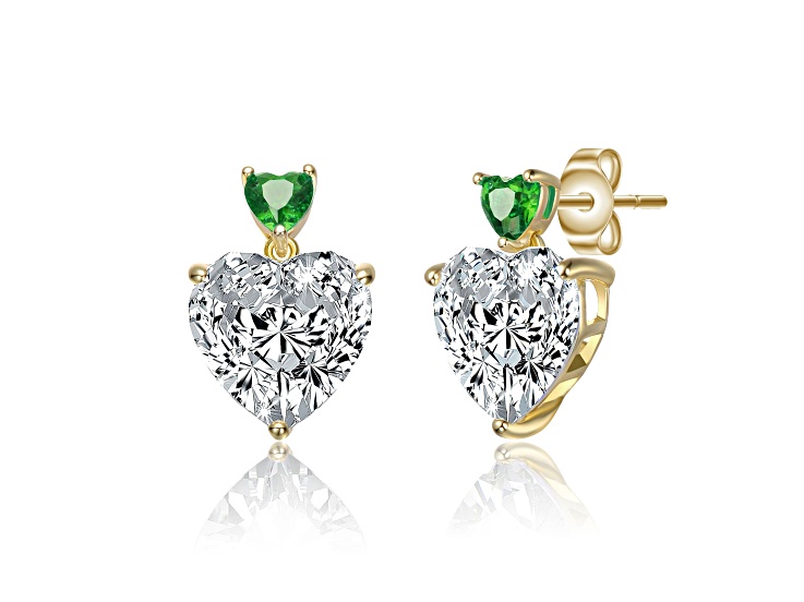 Green Color Cubic Zirconia, 14k Gold Plated over Sterling Silver Two-Stone Heart Dangle Earrings